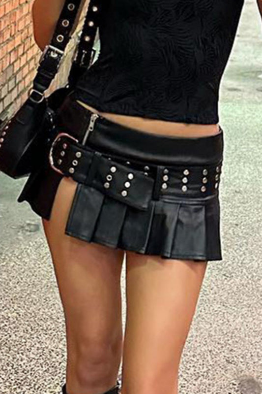 Stylish Winter Outfit: Core Looks Featuring a Rivet Belt Slit Pu Mini Skirt