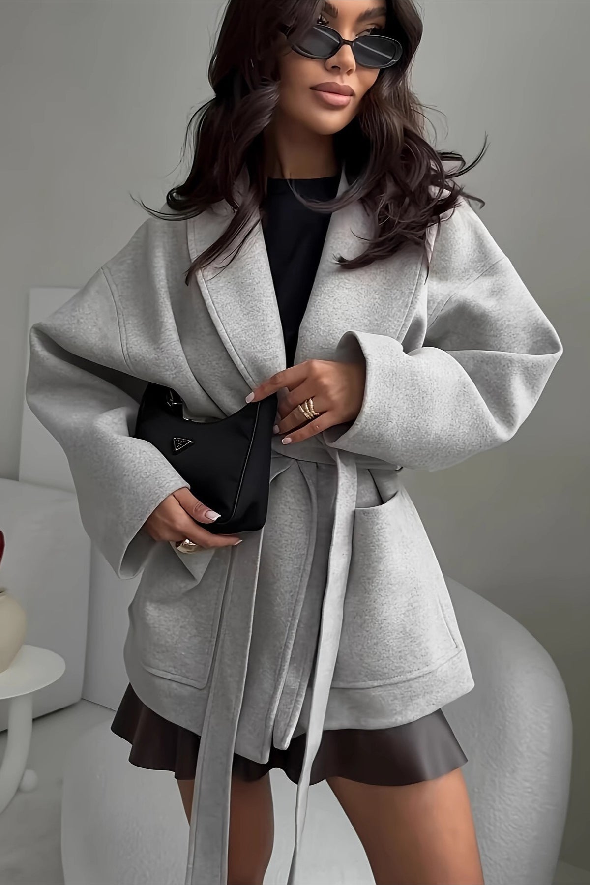 Core S, Belted Wool Blend Long Coat - Leather - Leather Pants Outfit Winter
