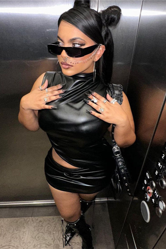 Black Pu High Collar Sleeveless Ruched Skirt Outfits: Stylish Two-piece Set