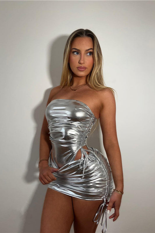 Stylish Metallic Drawstring Jumpsuit and Bodycon Skirt Outfits Set