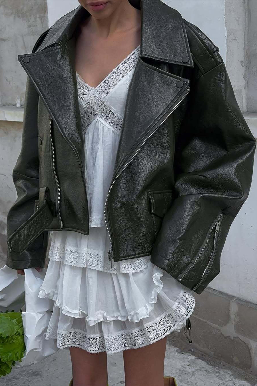 Core S Must- Haves, Zip up Green Leather Moto Jacket - Puffer Jacket Outfit