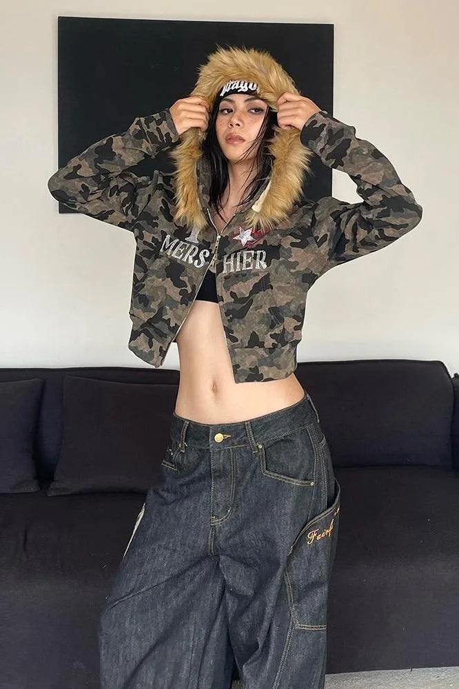 Core Aesthetics Outfit Ideas, Camo Embroidered Zip Hoodie