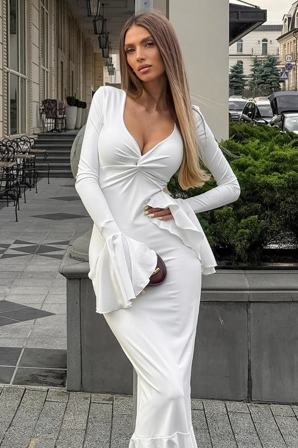 Core S Outfit Ideas, Ruffled V- Neck Flare Sleeve Midi Dress - Outfit Ideas