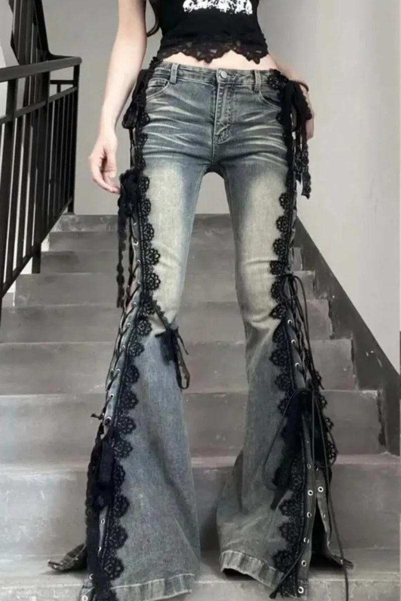 Core Aesthetics Style Outfits, American Retro Lace Strap Slit Bell-bottom Jeans