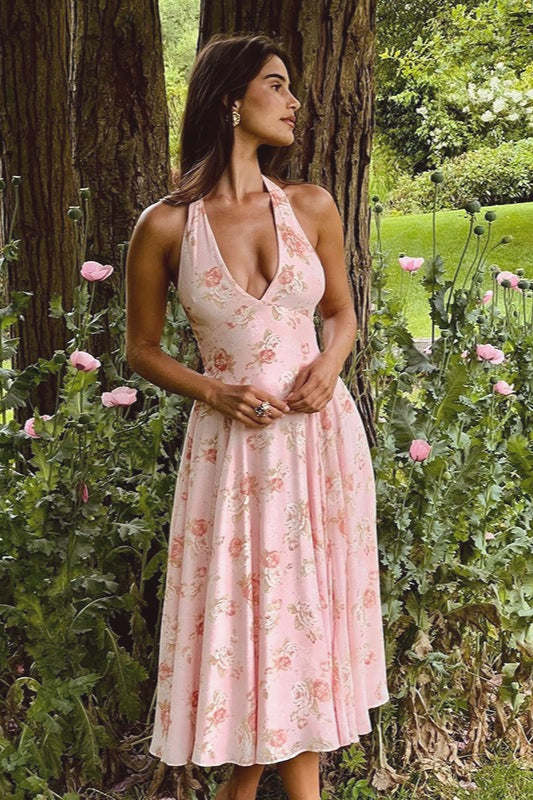 Chic Core S Holiday Outfits: Pink Flower Print Halter Floral Dress