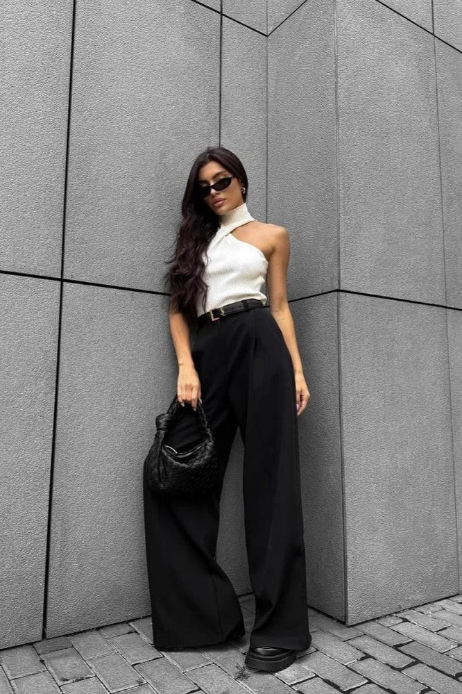 Core S Outfits, Wide Leg Buttoned Pleated Work Pant -  - Work Outfits Women