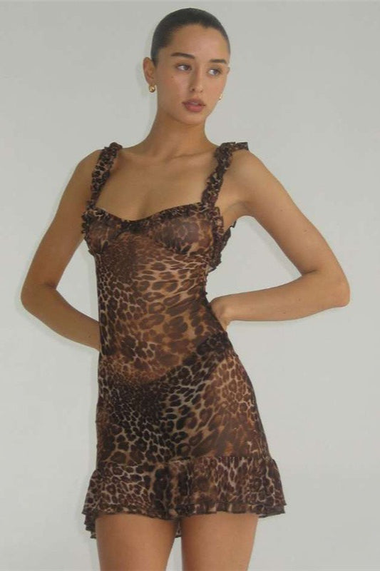 Winter, Leopard Mesh Backless Cami Mini Dress - Winter Outfit