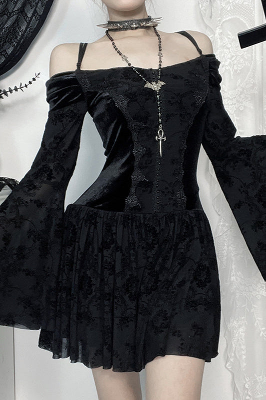 Chic Off Shoulder Velvet Gothic Dress for a Stunning Winter Outfit