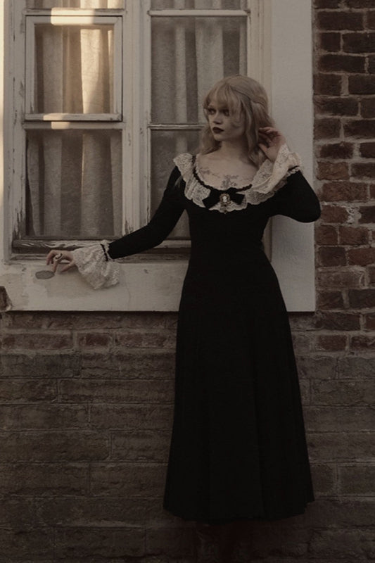 Going Out Outfit Inspo, Vintage Lace Ruffle Dark Academia Maxi Dress
