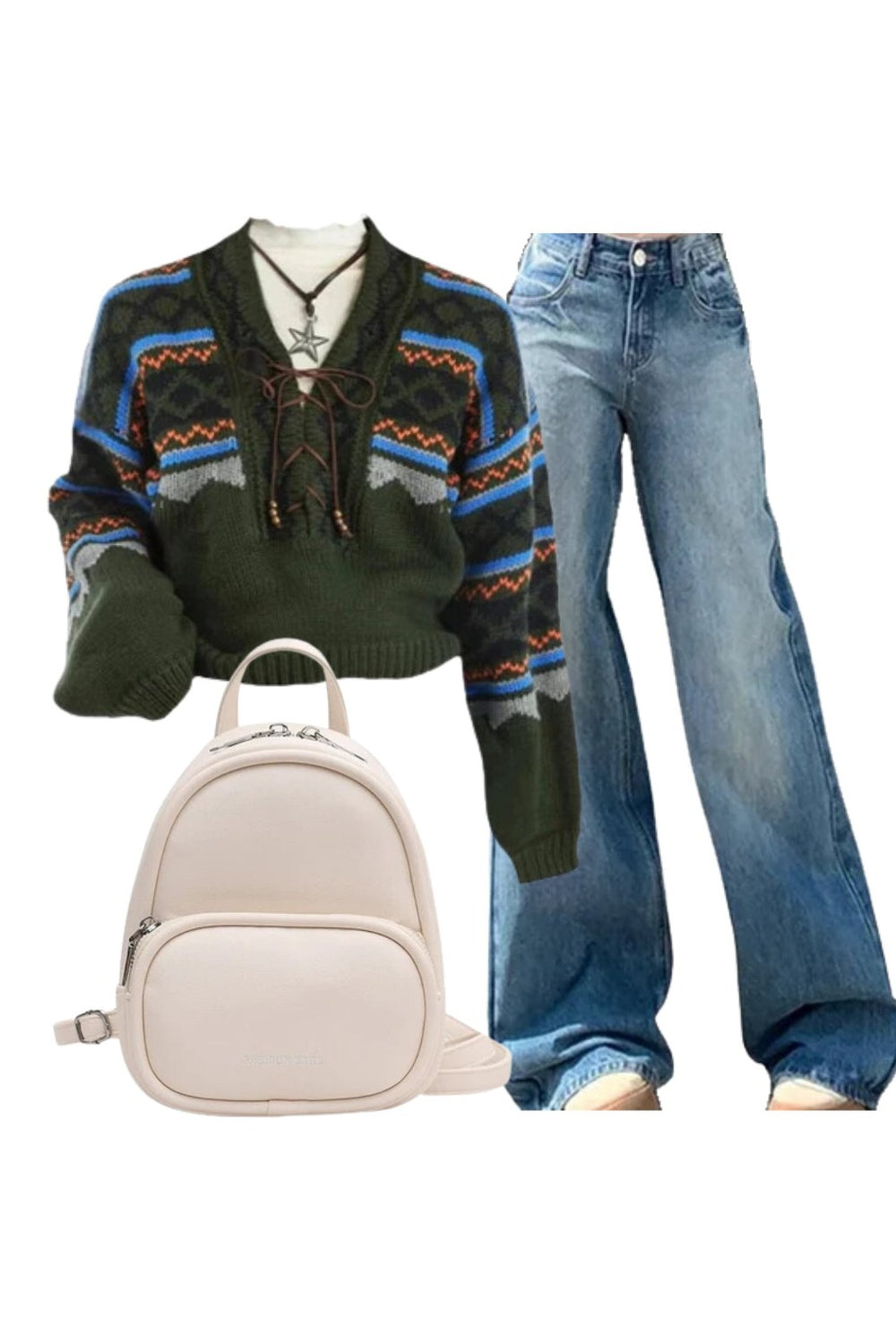 New Style Trends - 90s Outfit: Forest Fair Isle Lace-Up Sweater+Light Wash Wide-Leg Denim+Candy Color Small Backpack - Outfit Ideas