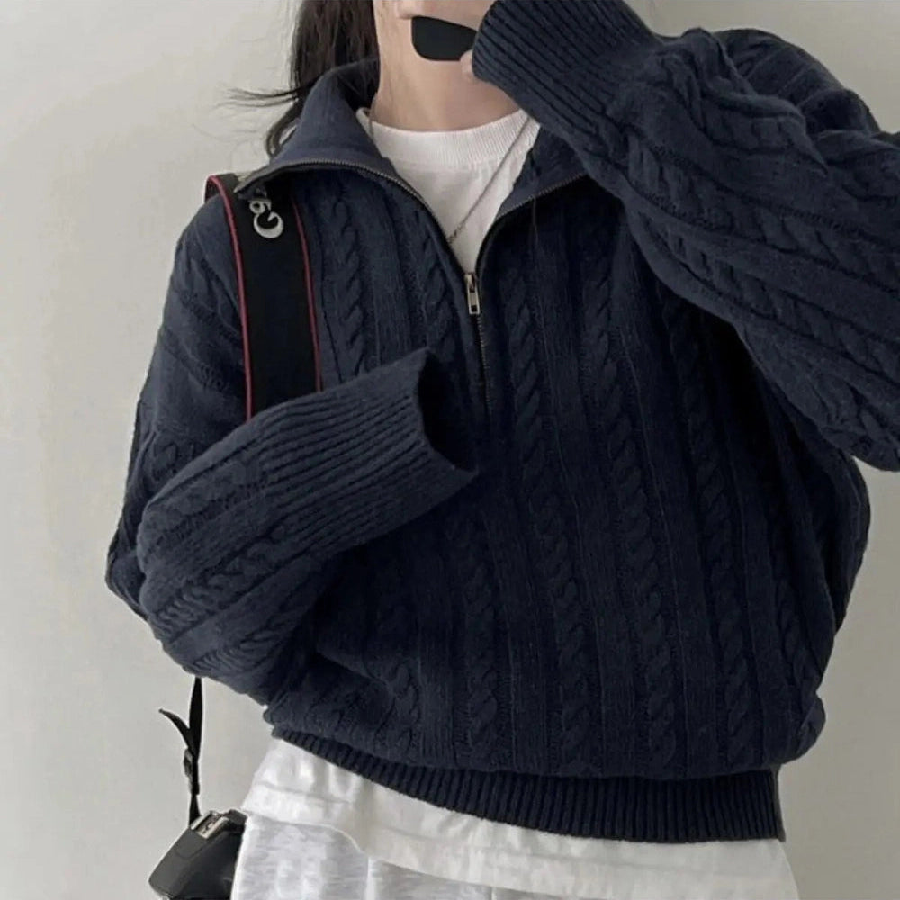 New Style Trends - Aesthetic Cozy Cable Knit Quarter-Zip Sweater - Outfit Ideas