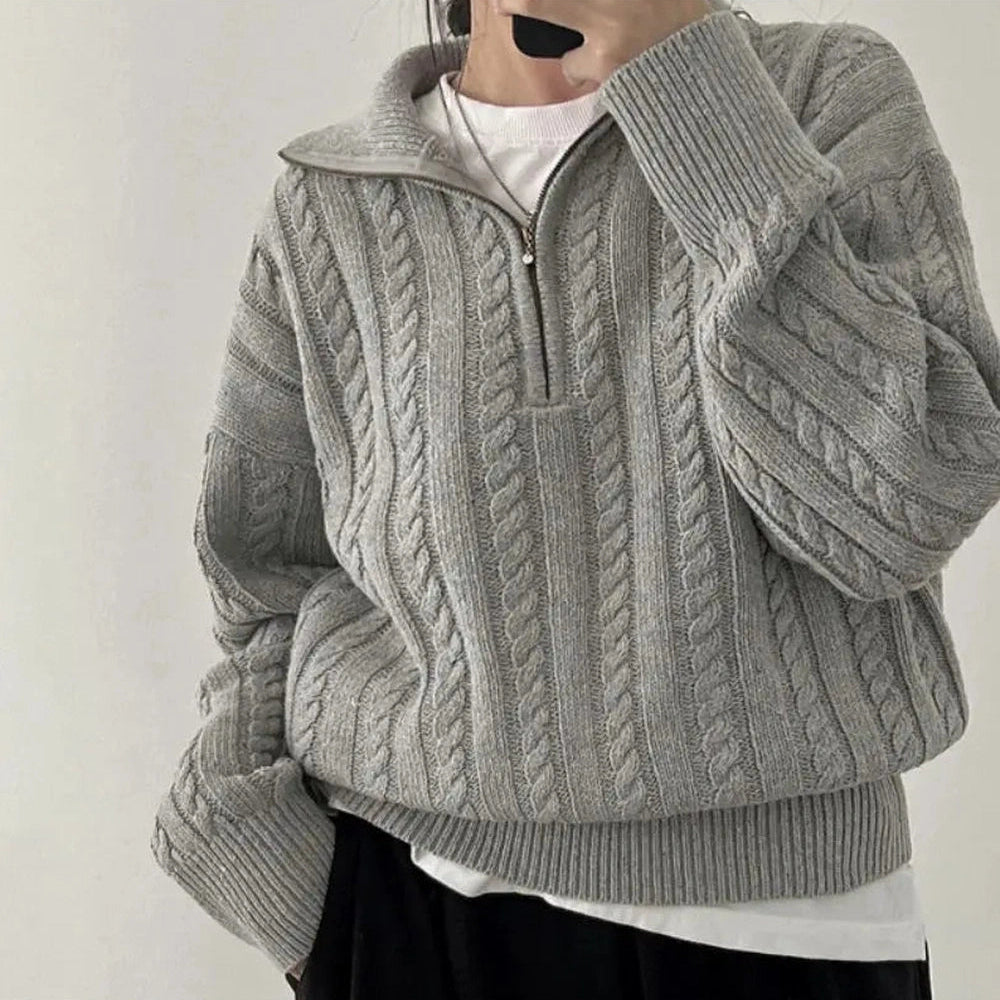 New Style Trends - Aesthetic Cozy Cable Knit Quarter-Zip Sweater - Outfit Ideas