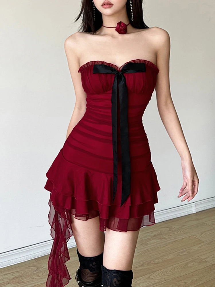 New Style Trends - Alt Crimson Ruffle Strapless Dress - Outfit Ideas