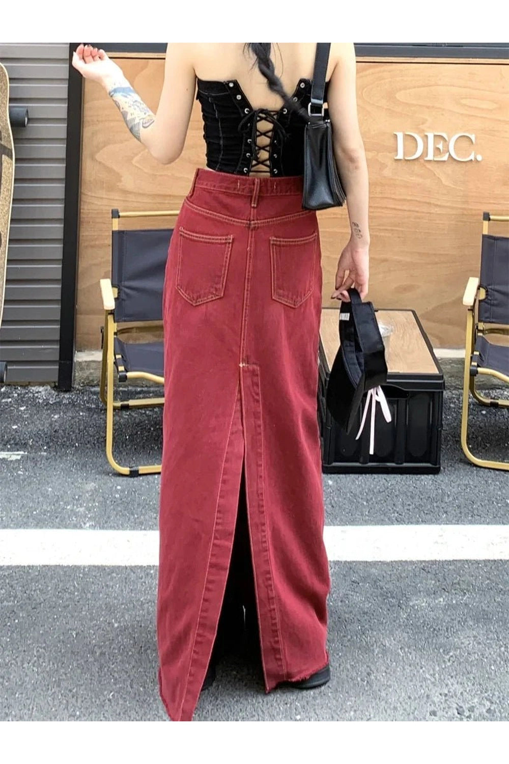 New Style Trends - Alt Red Denim Elegance Floor-Length Skirt - Outfit Ideas