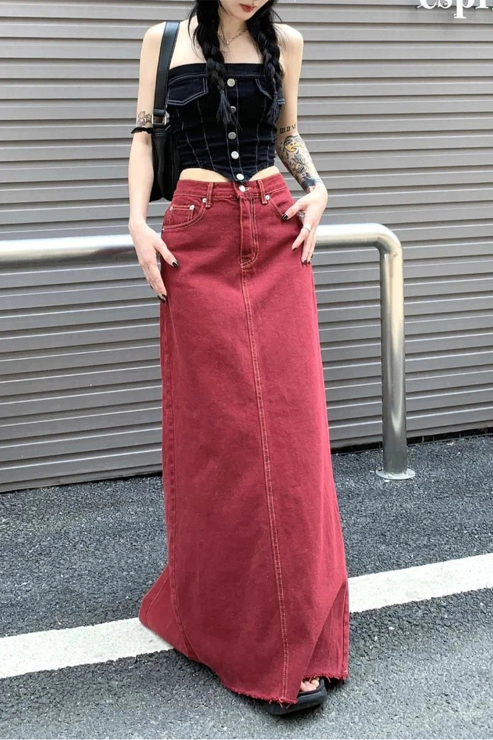 New Style Trends - Alt Red Denim Elegance Floor-Length Skirt - Outfit Ideas