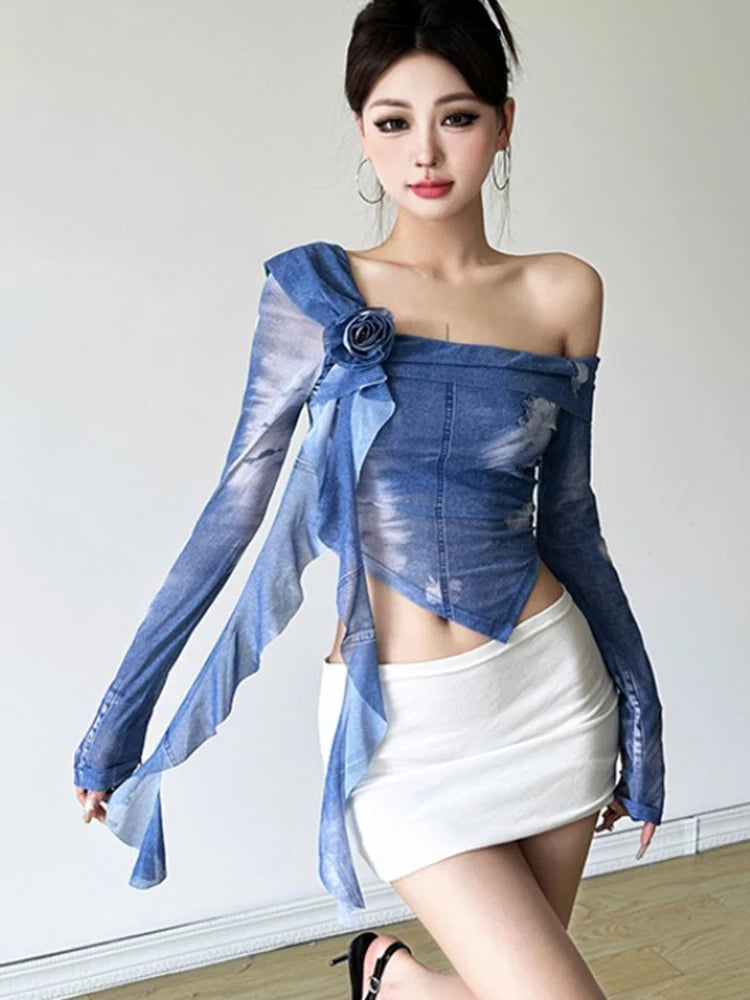 New Style Trends - Cloud Wash One-Shoulder Coquette Blouse - Outfit Ideas