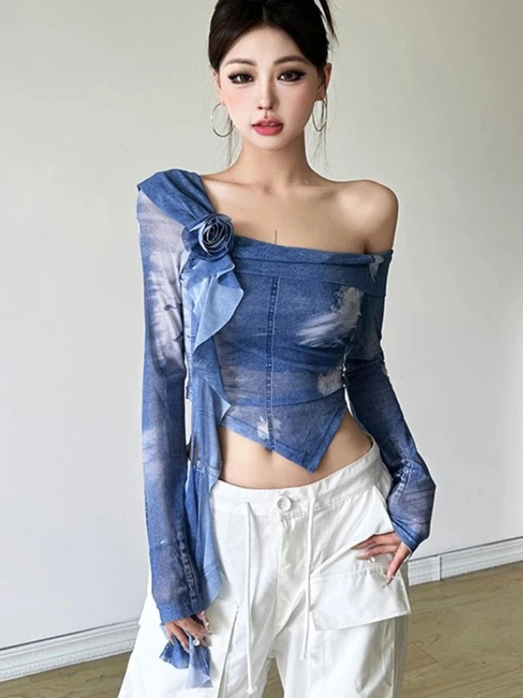 New Style Trends - Cloud Wash One-Shoulder Coquette Blouse - Outfit Ideas