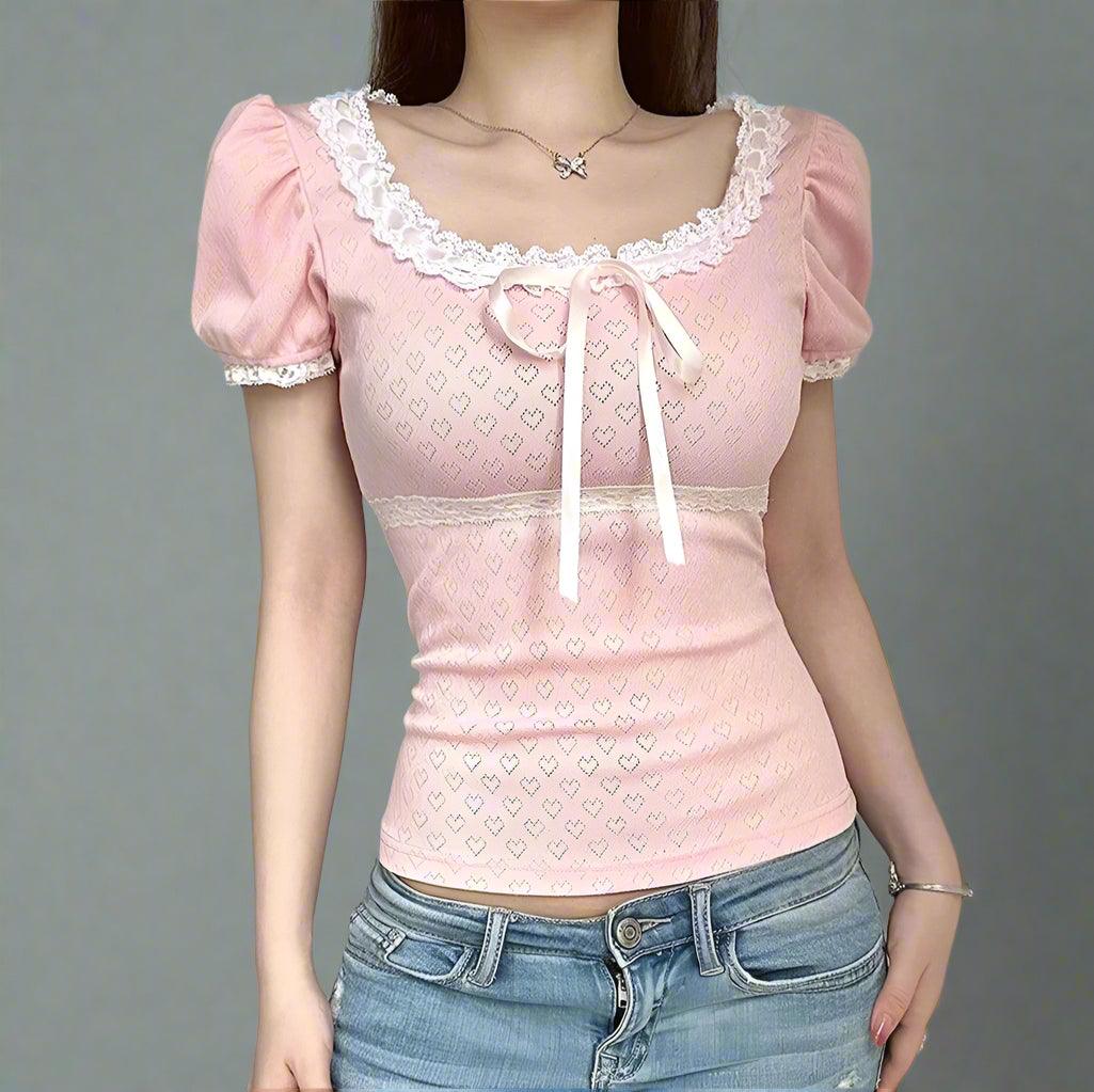 New Style Trends - Coquette Pink Lace-Trim Puff Sleeve Top - Outfit Ideas