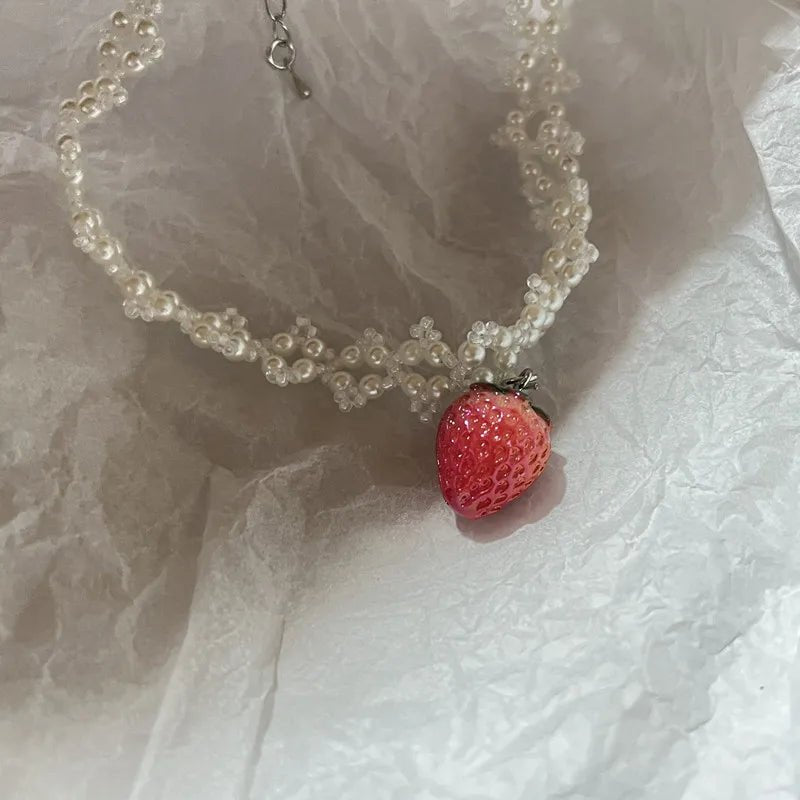 New Style Trends - Coquette Strawberry Pearl Charm Necklace - Outfit Ideas