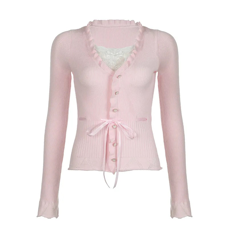 New Style Trends - Coquette Sweet Bow Ribbed Cardigan - Outfit Ideas