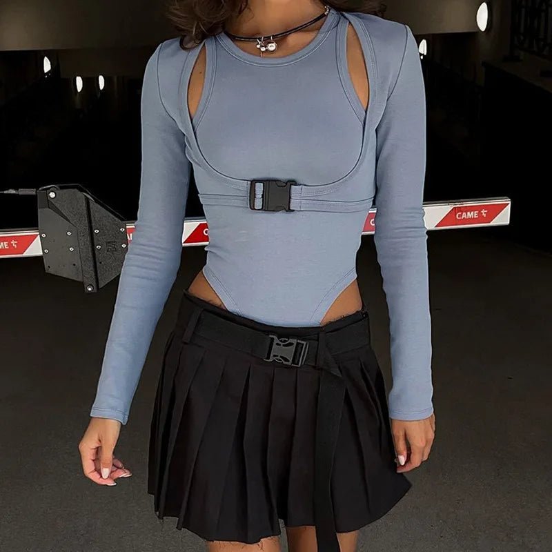 New Style Trends - Cyber Y2k Buckle Harness Long Sleeve Top - Outfit Ideas