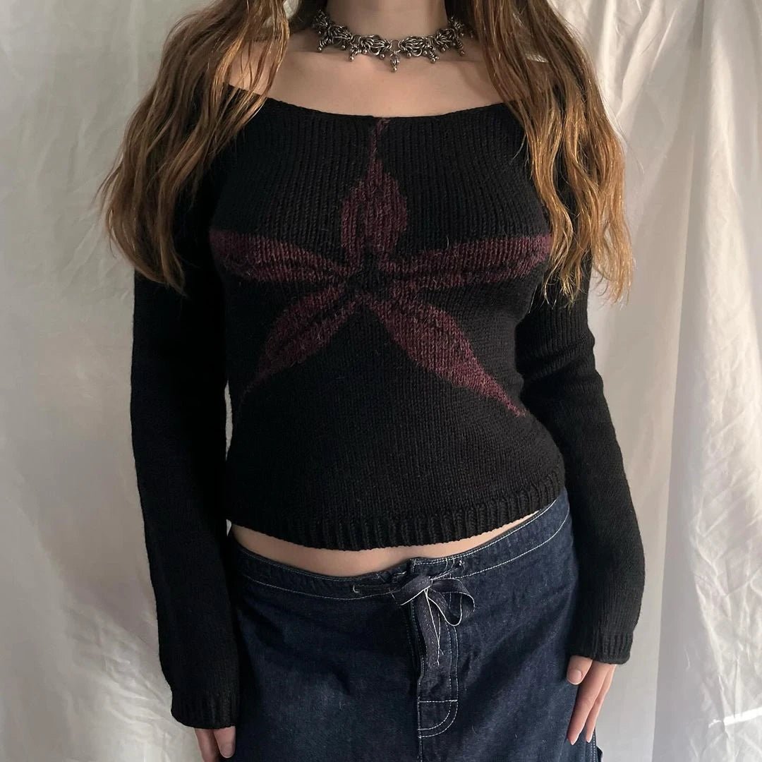 New Style Trends - Dark Retro Floral Off-Shoulder Sweater - Outfit Ideas