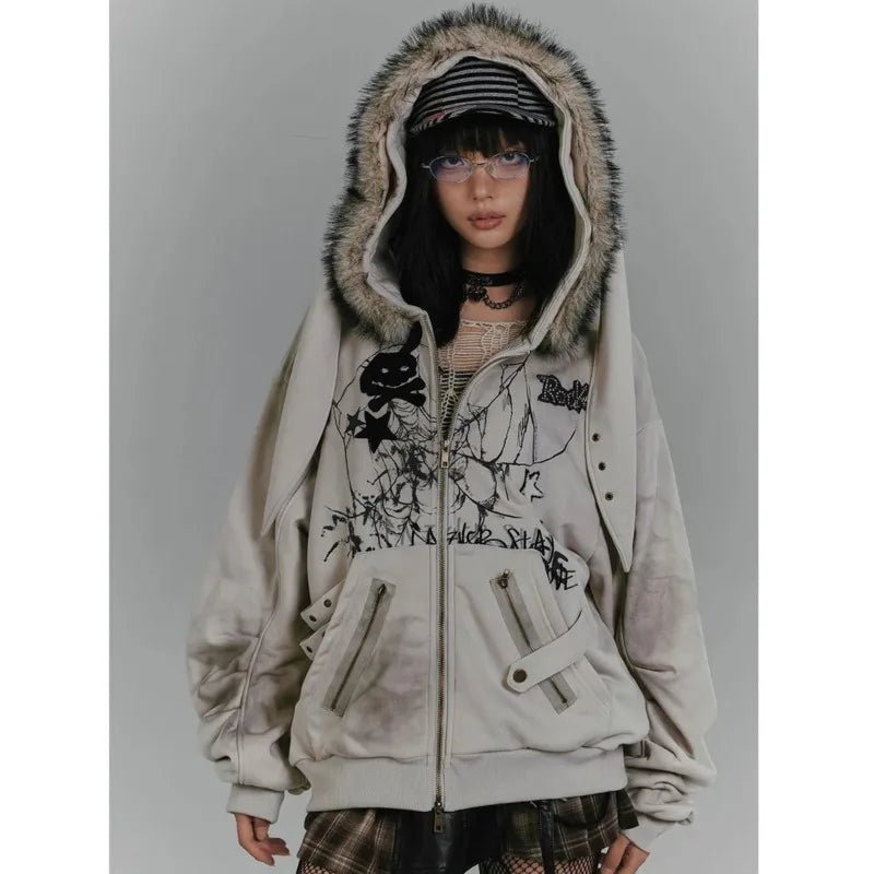 New Style Trends - Distressed Edgy Graffiti Fur Hoodie - Outfit Ideas