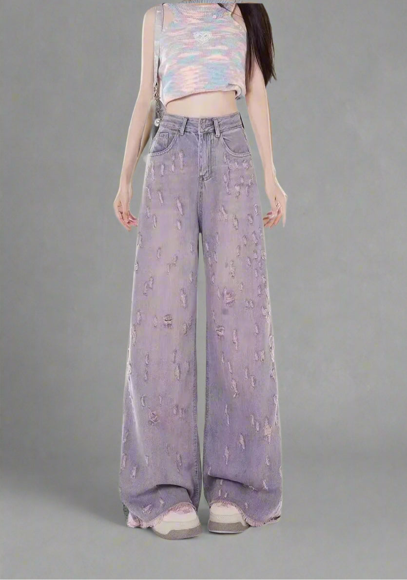 New Style Trends - Edgy Lilac Distressed Wide-Leg Jeans - Outfit Ideas