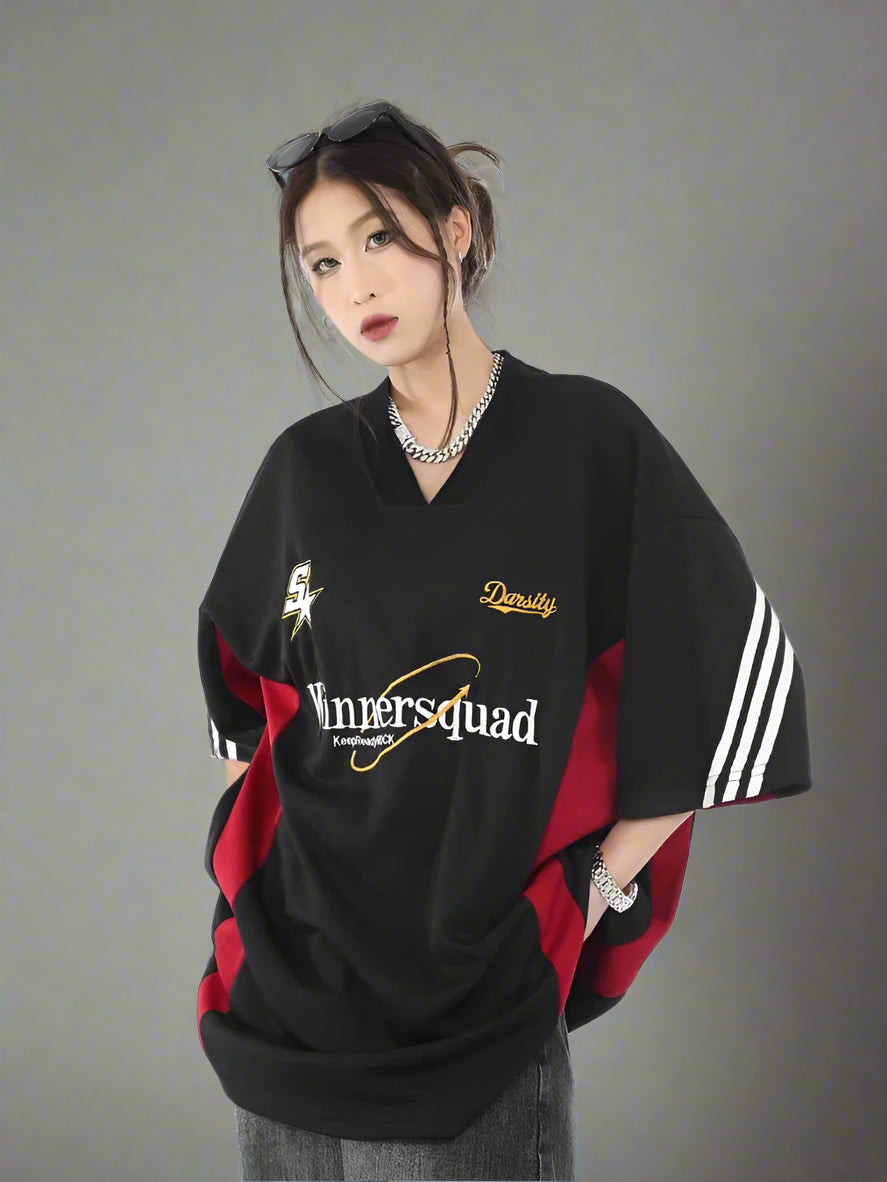 New Style Trends - Edgy Oversized Varsity Sport Jersey Top - Outfit Ideas