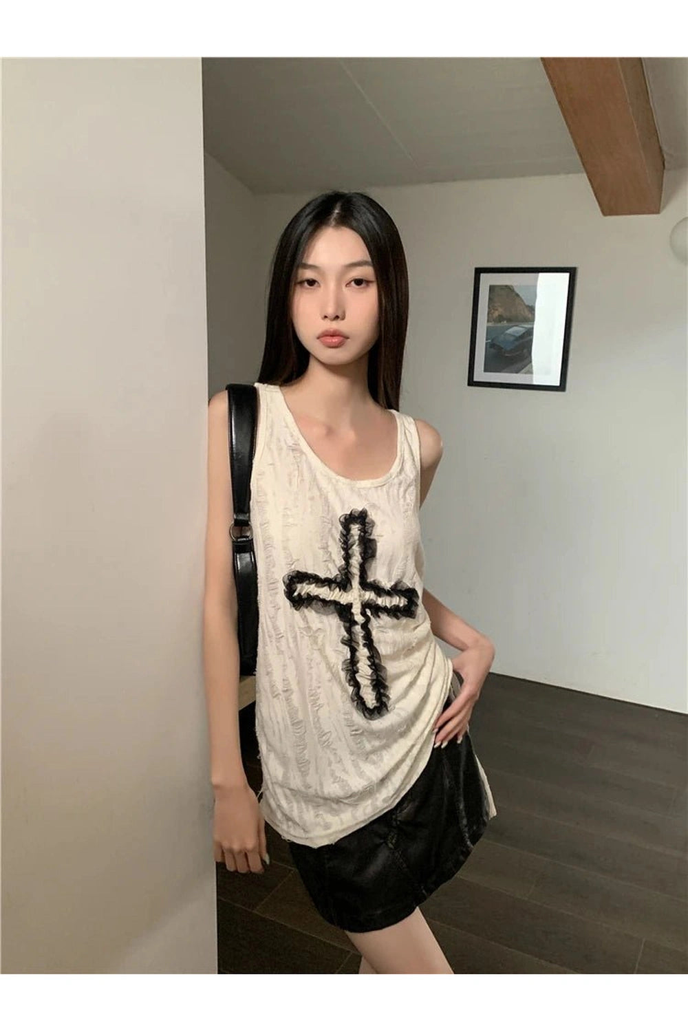 New Style Trends - Edgy Ruffled Cross Graphic Top - Outfit Ideas