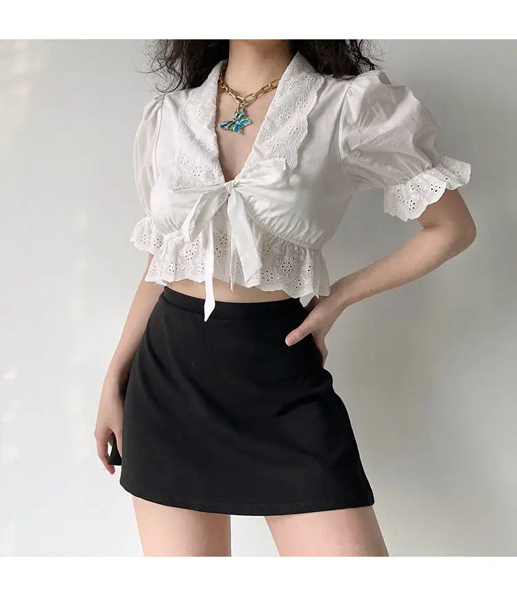 New Style Trends - Eyelet Romance Tie-Front Coquette Blouse - Outfit Ideas