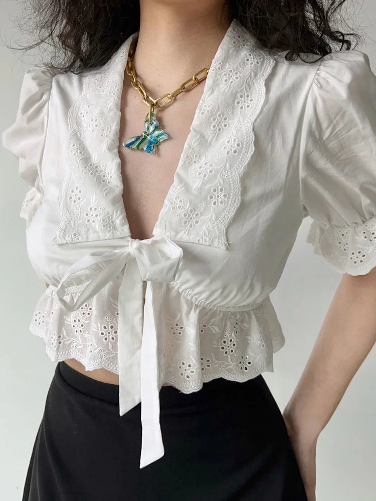New Style Trends - Eyelet Romance Tie-Front Coquette Blouse - Outfit Ideas