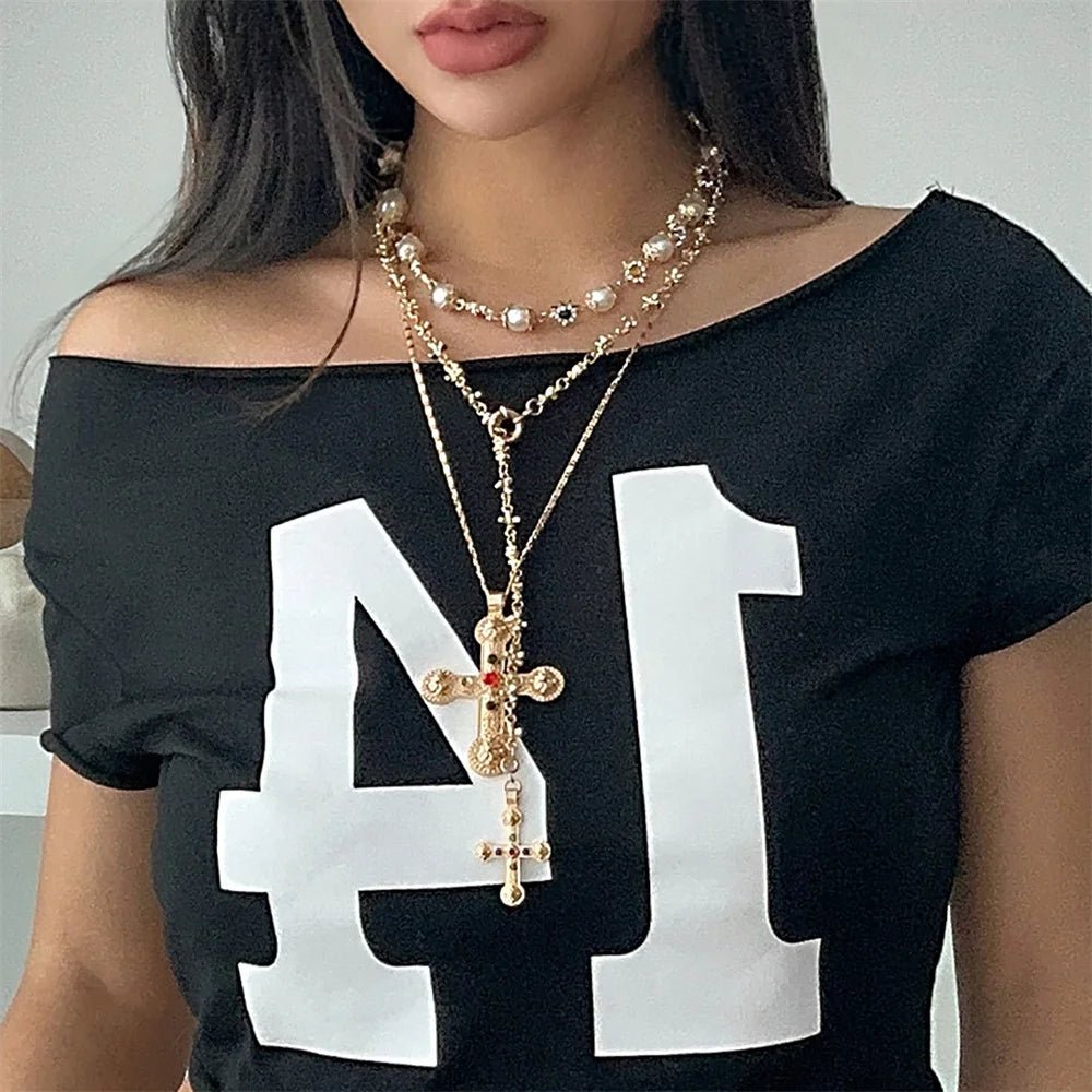 New Style Trends - Golden Saint Cross Aesthetic Layered Necklace - Outfit Ideas