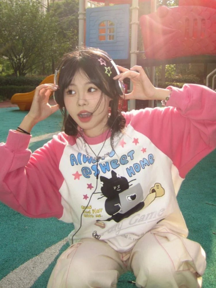 New Style Trends - Kawaii Cozy Gamer Cat Raglan Sweatshirt - Outfit Ideas
