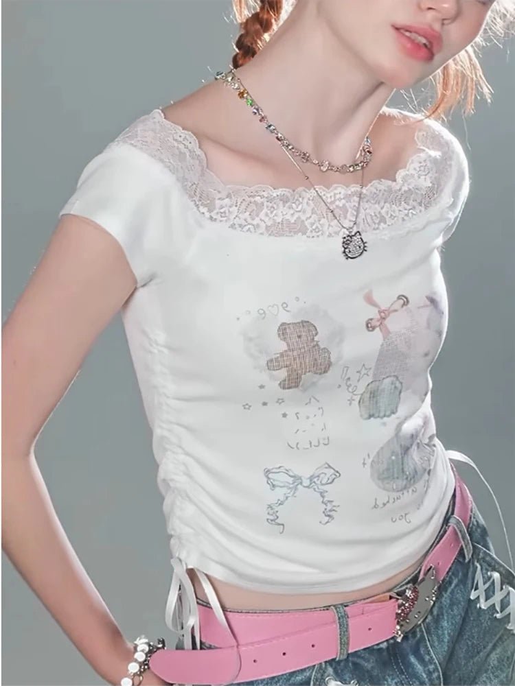New Style Trends - Kawaii Lace-Trimmed Off-Shoulder Graphic Top - Outfit Ideas