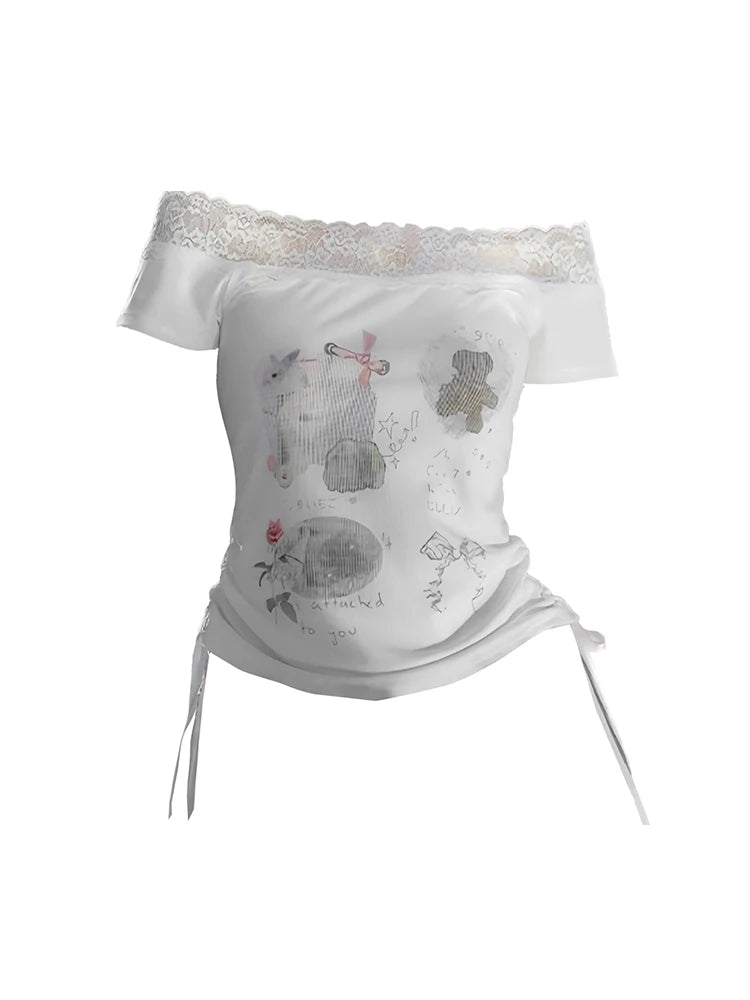 New Style Trends - Kawaii Lace-Trimmed Off-Shoulder Graphic Top - Outfit Ideas