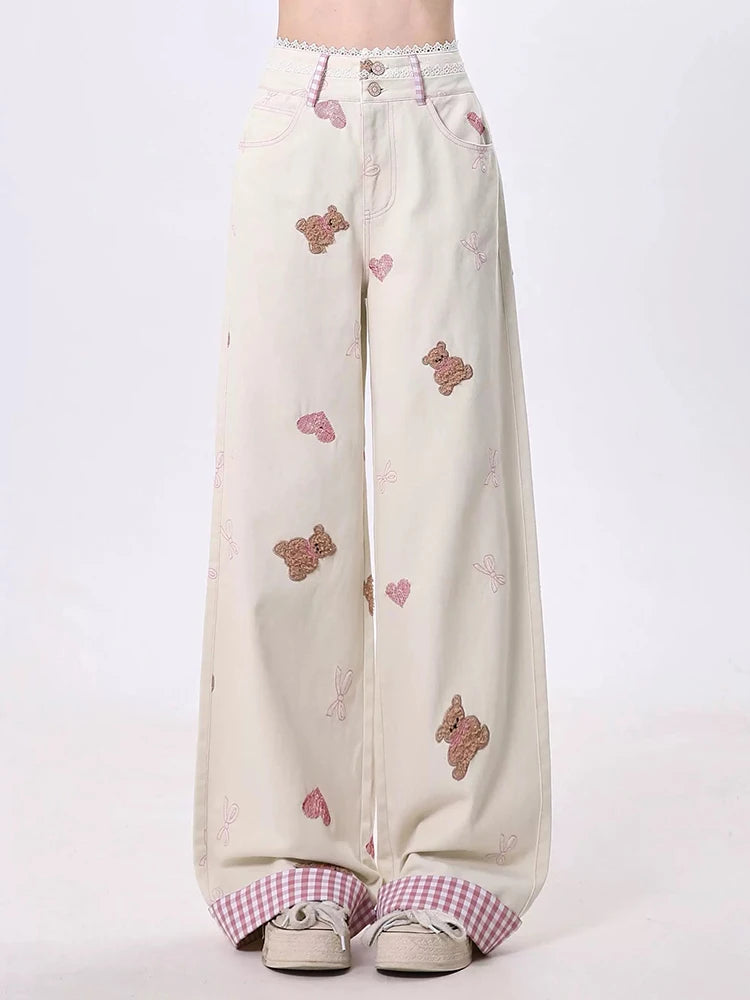 New Style Trends - Kawaii Teddy Embroidered Wide Pants - Outfit Ideas