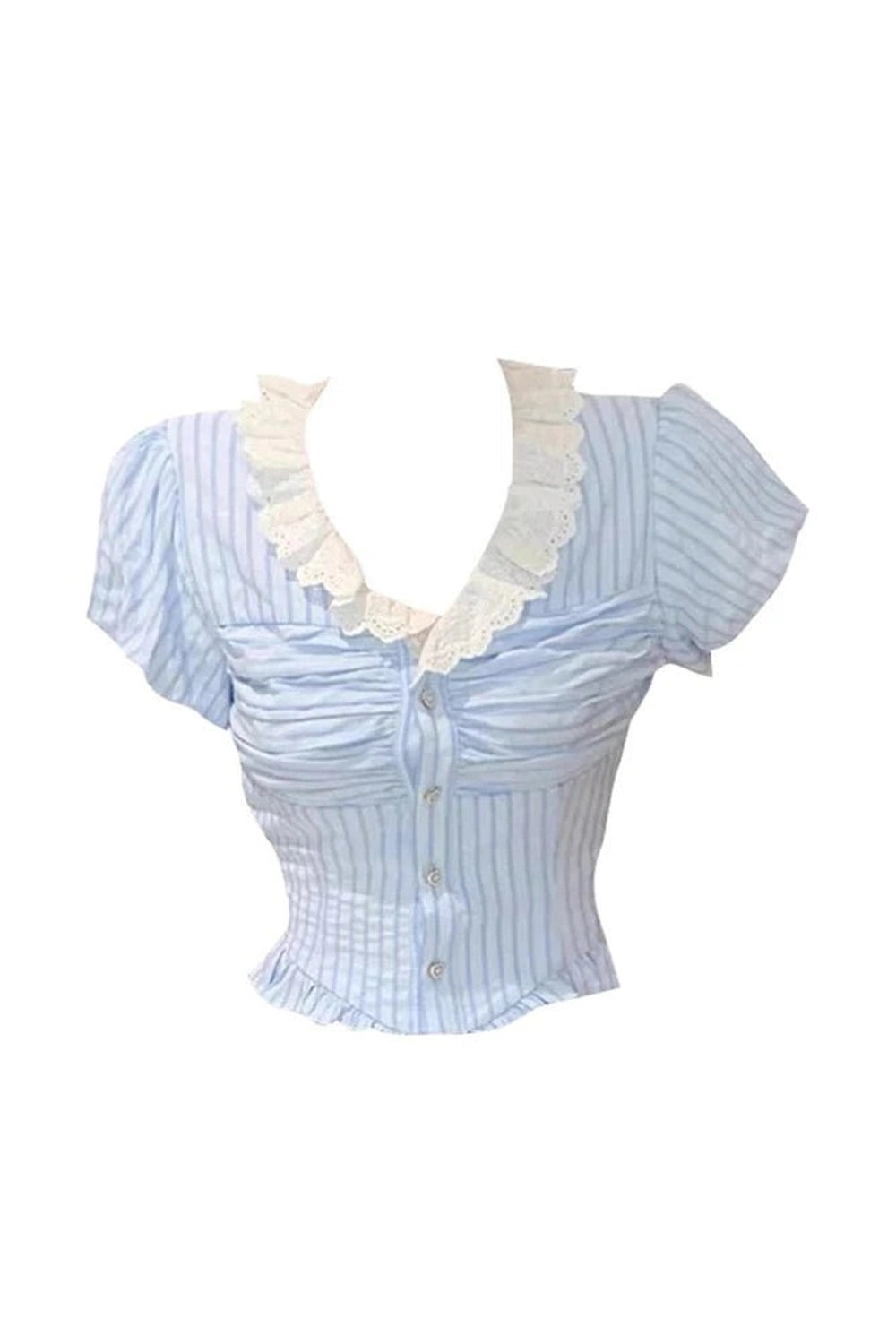 New Style Trends - Lace-Trimmed Striped Coquette Button-Up Blouse - Outfit Ideas