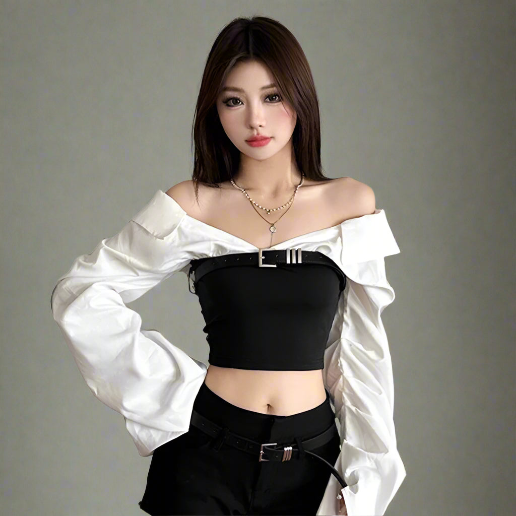 New Style Trends - Monochrome Buckled Edgy Off-Shoulder Long Sleeve Crop Top - Outfit Ideas