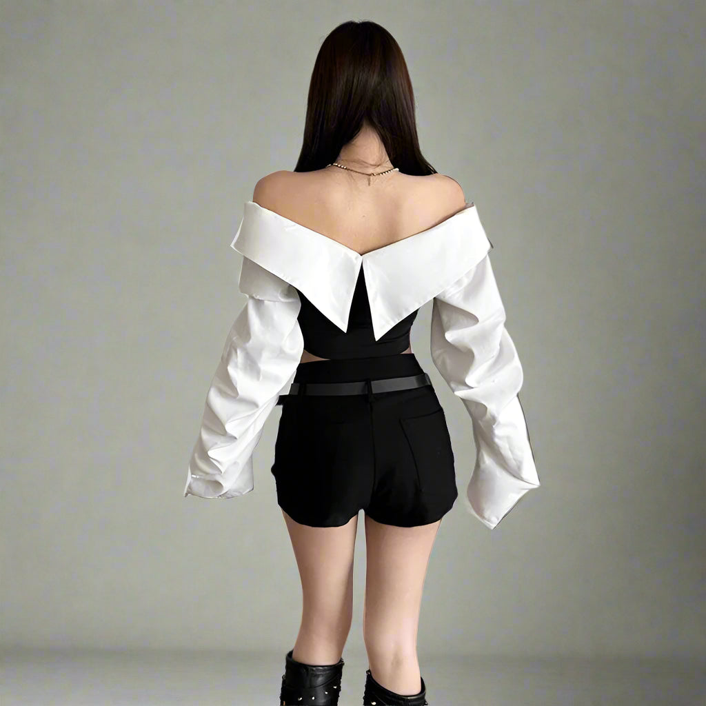 New Style Trends - Monochrome Buckled Edgy Off-Shoulder Long Sleeve Crop Top - Outfit Ideas