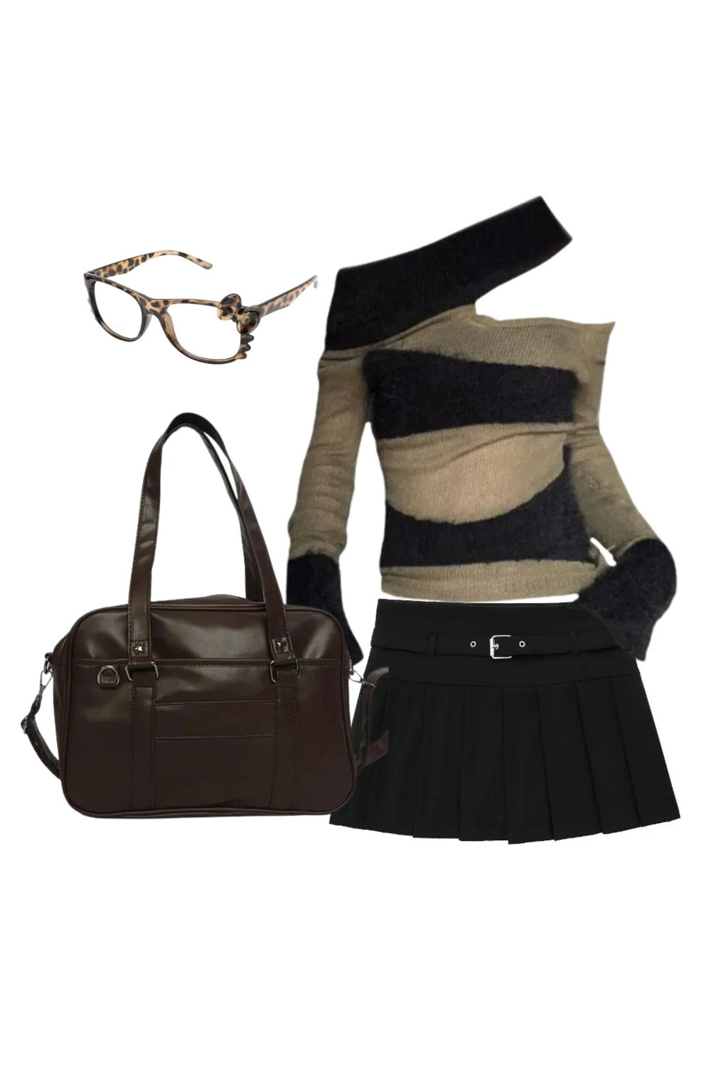 New Style Trends - Outfit: Autumn Chic Short Zipper Skirt+Edgy Eclipse Asymmetrical Top+Japanese Style High School Shoulder Bag+Glasses - Outfit Ideas