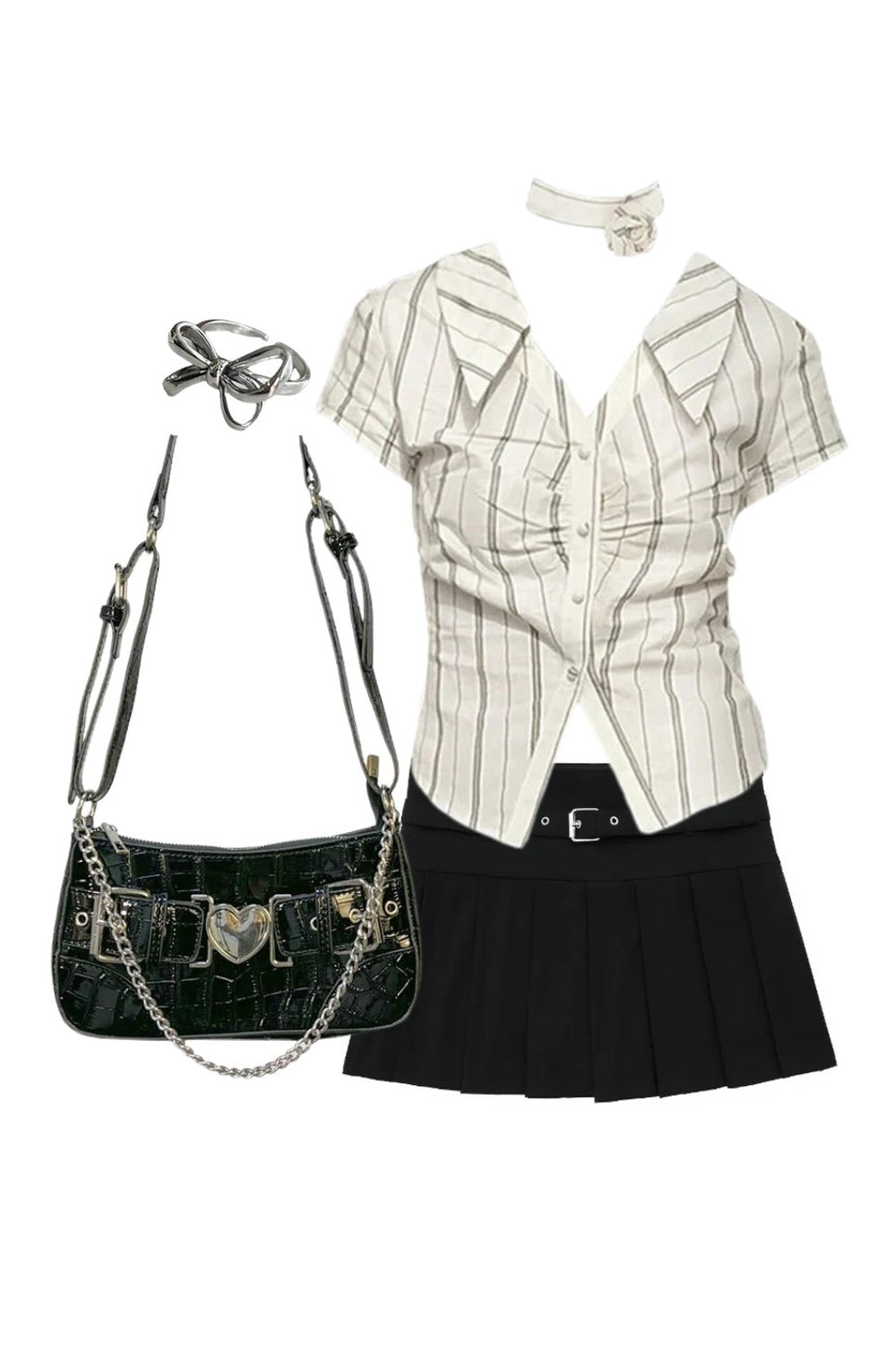 New Style Trends - Outfit: Elegant Stripe Office Blouse+Autumn Chic Short Zipper Skirt+Chain Crossbody Underarm Bag+Ring - Outfit Ideas