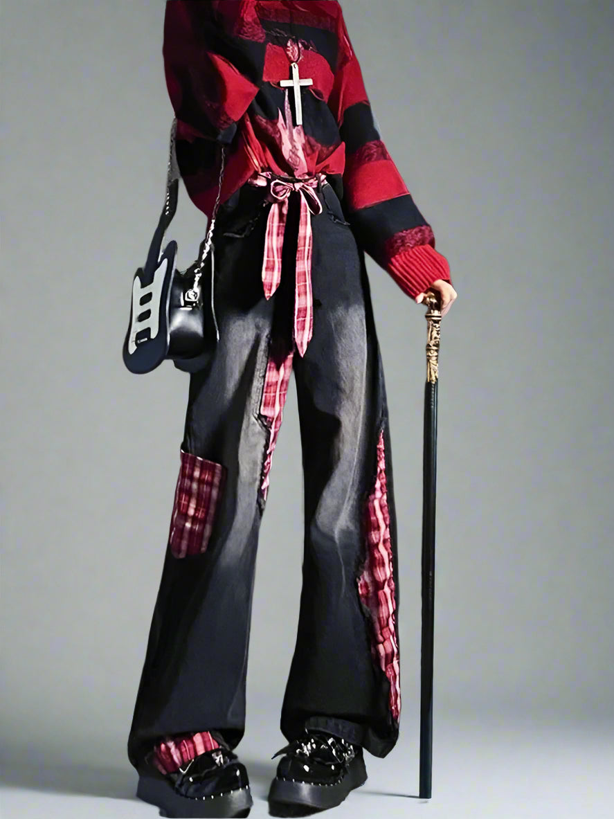 New Style Trends - Plaid Patchwork Edgy Ribbon Jeans - Outfit Ideas