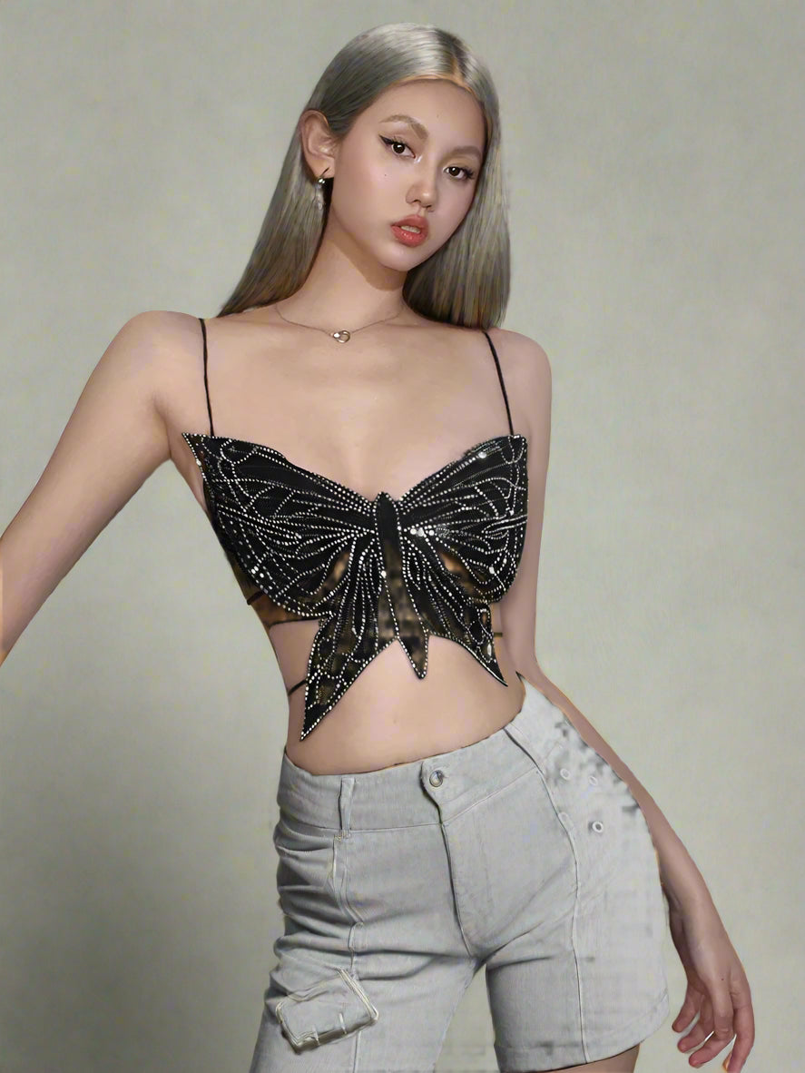 New Style Trends - Rhinestone Butterfly Strapless Edgy Crop Top - Outfit Ideas