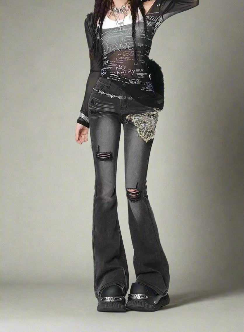 New Style Trends - Y2k Butterfly Distressed Flare Jeans - Outfit Ideas