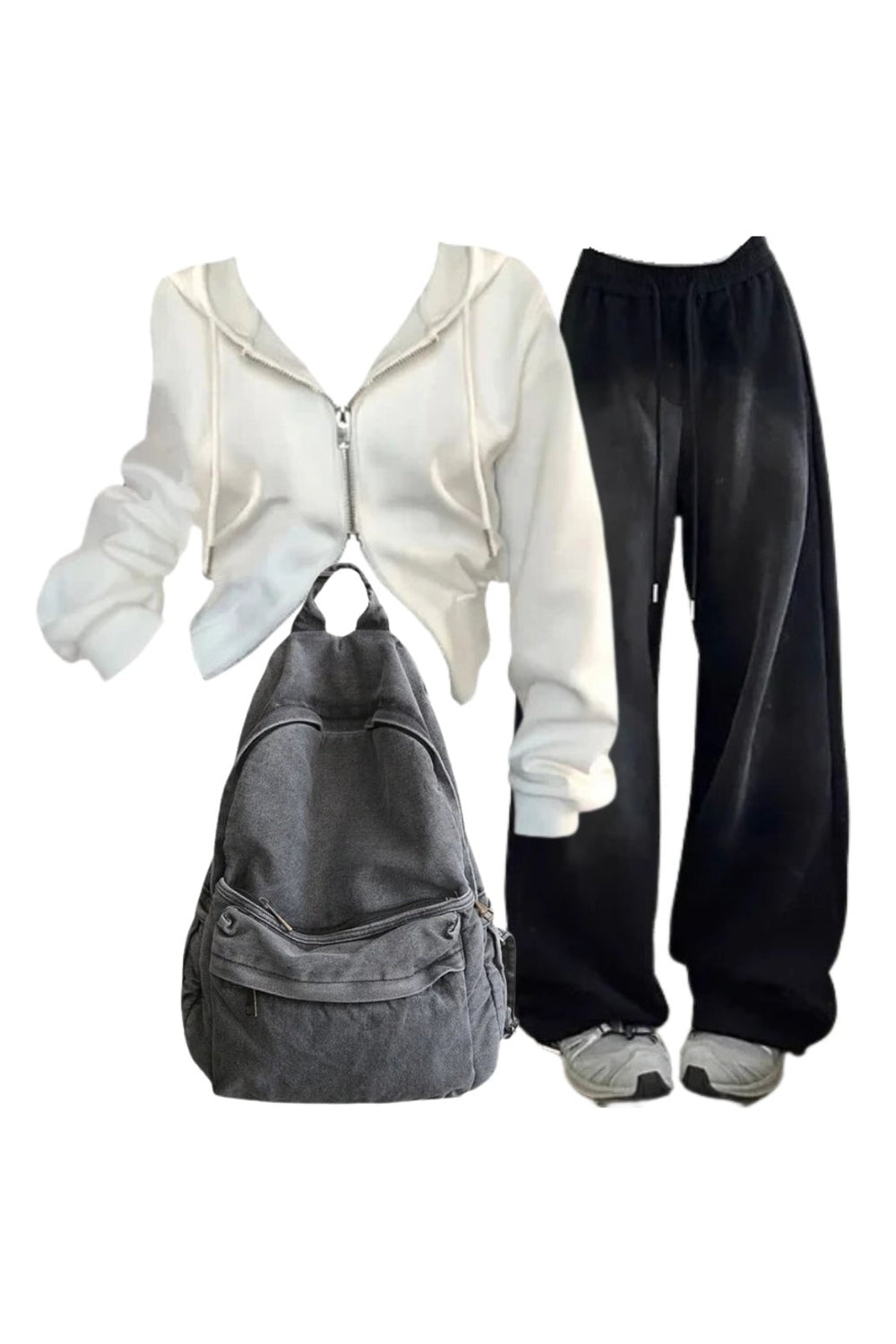 New Style Trends - Y2k Outfit: Baggy Y2K Grunge Sweatpants+Korean Y2K White Zip Hoodie+Urban Ash Backpack - Outfit Ideas
