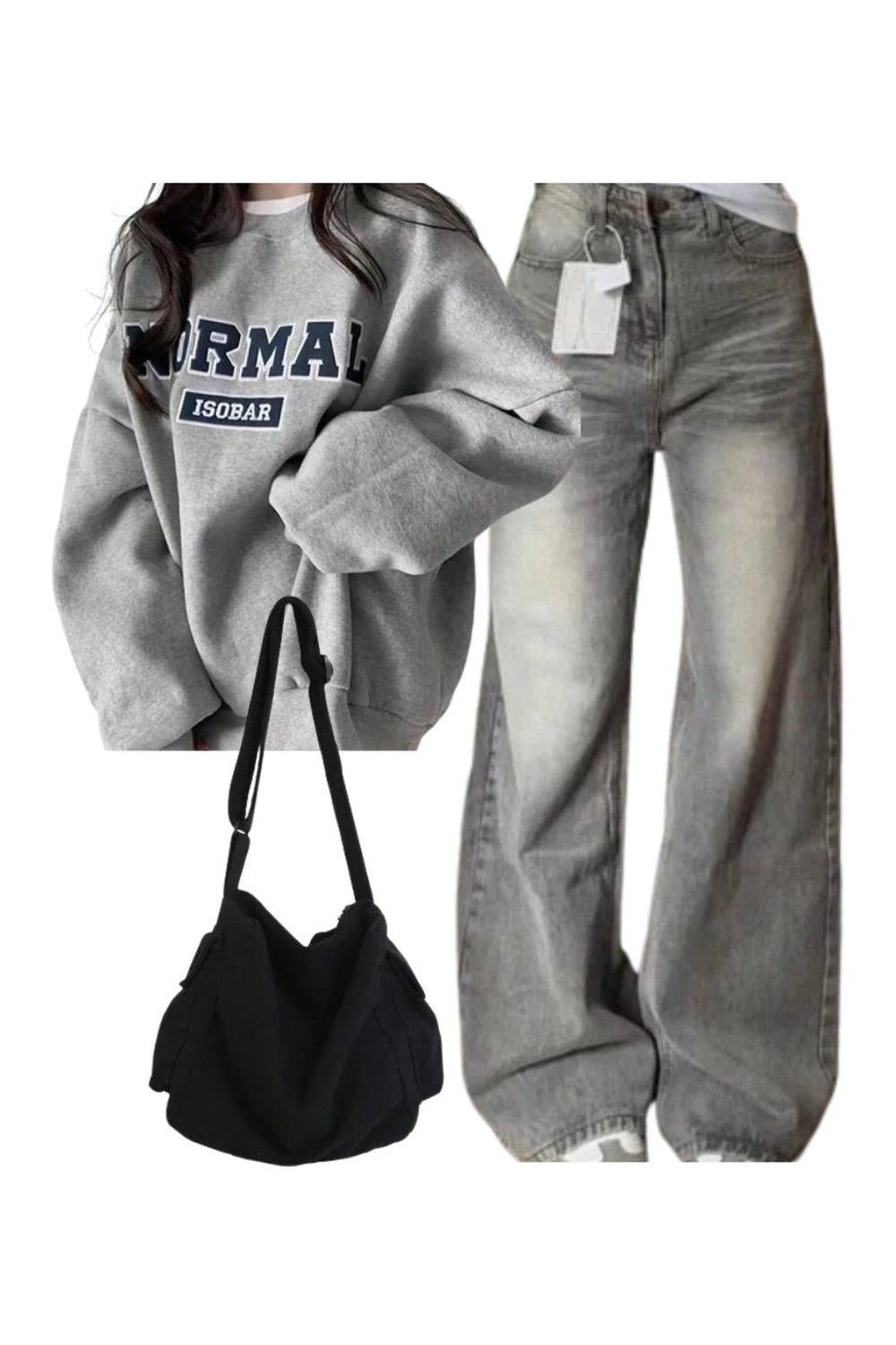 New Style Trends - Y2k Outfit: Korean Baggy Denim Pants+Oversized Normal Graphic Sweatshirt+Large Capacity Solid Black Shoulder Bag - Outfit Ideas