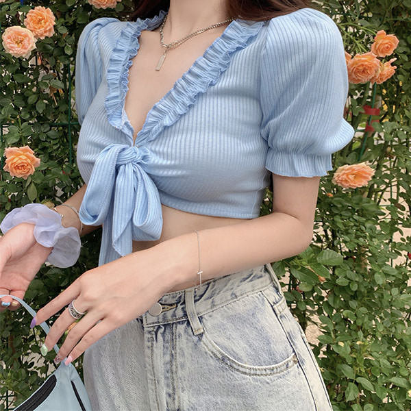 Style Core Aesthetics, New Style Trends - Baby Blue Knot Tie Crop Top