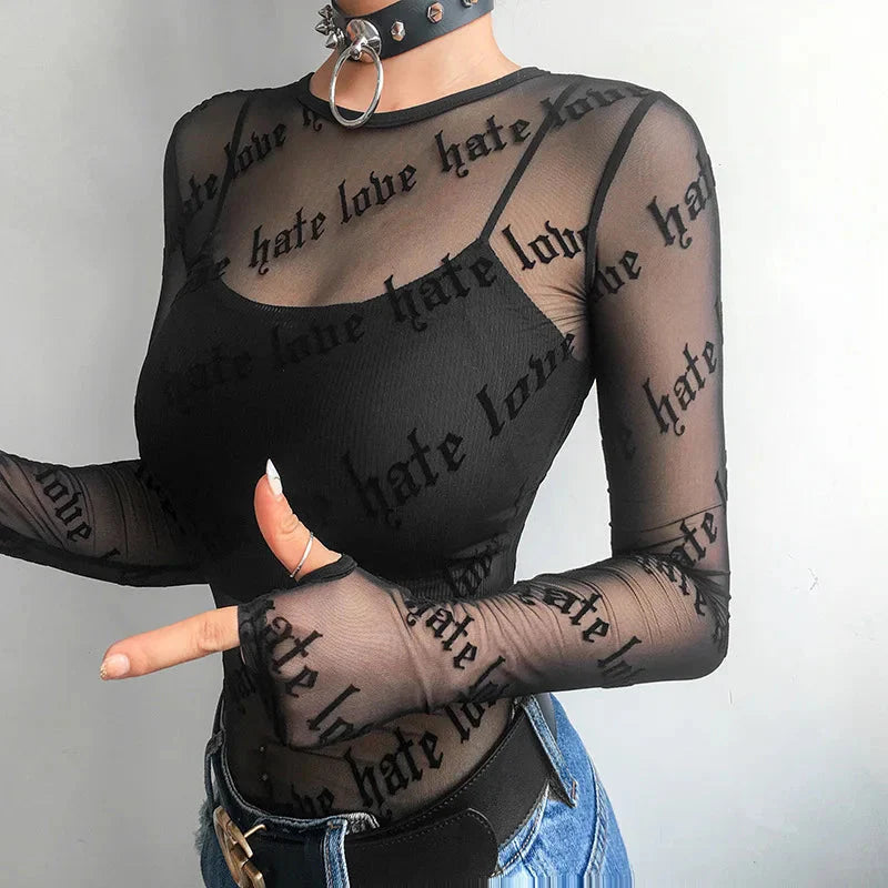 Style Core Aesthetics, New Style Trends - Baddie Love Hate Sheer Mesh Top