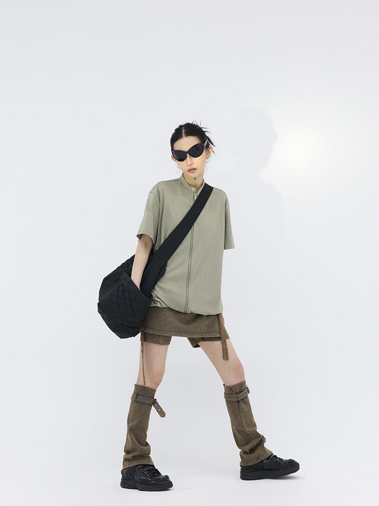 Style Core Aesthetics, New Style Trends - Belt Detail Denim Mini Skort With Leg Warmer